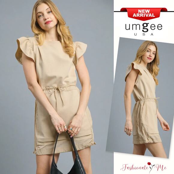 Umgee Luxe knit Ruffle Sleeves Drawstring Waist Side Pockets Mini Dress | Latte - Picture 1 of 6